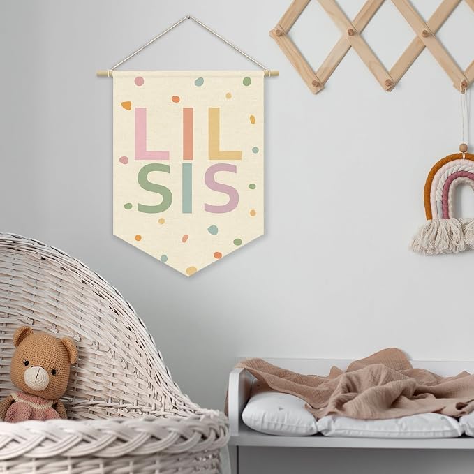 Little Sisters Canvas Banner Pink Girl Nursery Decor ,Sisters Bedroom Playroom Wall Art Decorations,Boho Twin Room Sign,Lil Sis Big Sis,Two Baby Kids Room Sibling Wall Hanging Pennant Flag Banner