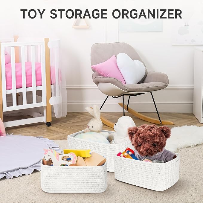 3 Pack Small Storage Baskets for Organizing, 11.8×7.8×5.1", White | Woven Baskets for shelves, Cotton Rope Basket for Gifts Empty, Closet Organizer Bins with Handles, Cube Decorative Box