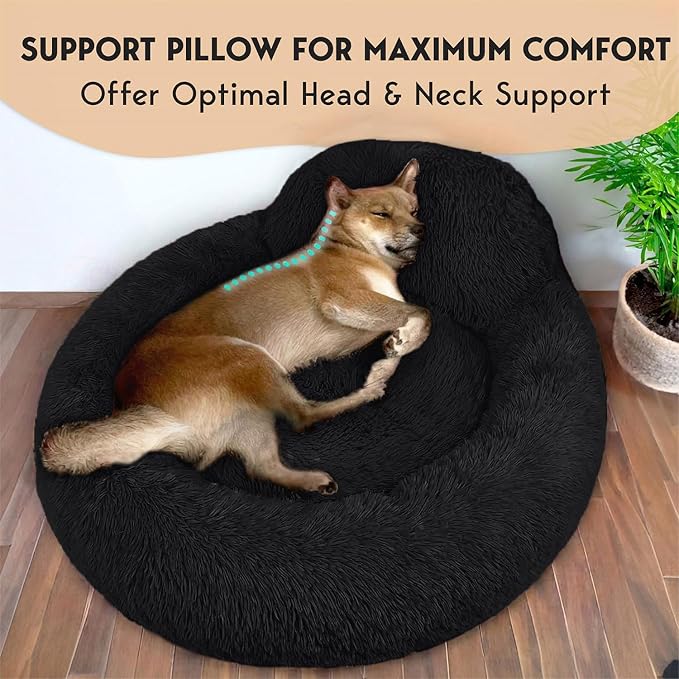 PetJett Calming Dog Bed Medium Size Dog - 30'' Donut Bed, Anti-Slip & Washable Super Soft Fluffy Plush Round Bed, Anti-Anxiety Premium Comfort Pet Bed, Fits Dogs up to 45 lbs - Black