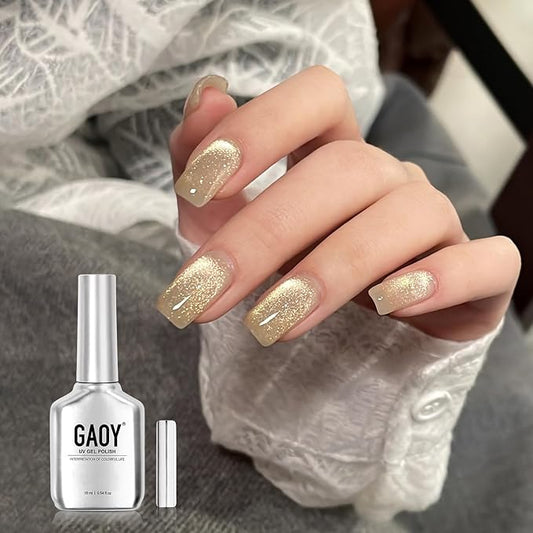 GAOY Jelly Golden Cat Eye Gel Nail Polish, 16ml Glitter Holographic Nail Polish with Magnet, Reflective Translucent UV Gel, 3040 Lemon Mist