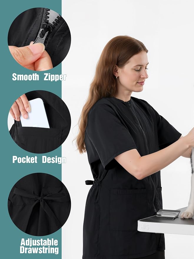 2 Pack Water-resistant Pet Grooming Workwear Short Sleeve Drawstring Zipper Uniform with Pocket for Men Women