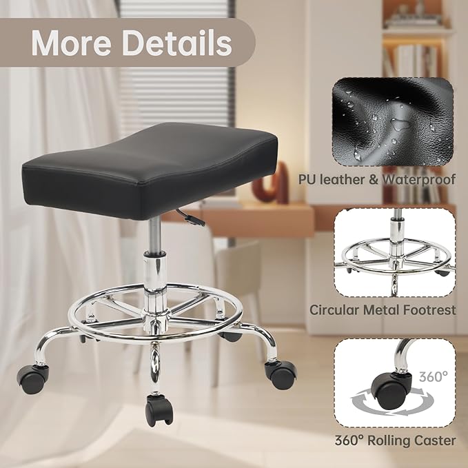 Heavy Duty Extra Wide Rolling Stool PU Leather Thickened Seat Cushion with Foot Rest Adjustable Height Swivel with Wheels for Spa Salon Tattoo Work Massage Barstool, Black, 1 Pack