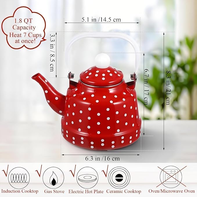 1.8 Quart Vintage Enamel Tea Kettle Stovetop,Enamel Water Kettle Teapot with Red and White Spots,Enamel on Steel Water Coffee with Handle,Hot Water Kettle for Hot Water,No Whistling,Wedding Gifts