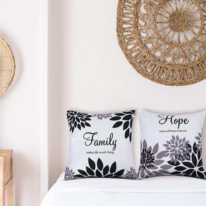 Tatuo 4 Pcs Flower Pillow Covers Square Summer Pillow Cushion Cases 18 x 18 Inch Family Faith Hope Love Words Decorative Spring Winter Cushion Case for Bed Couch Sofa Living Room(Black Series)