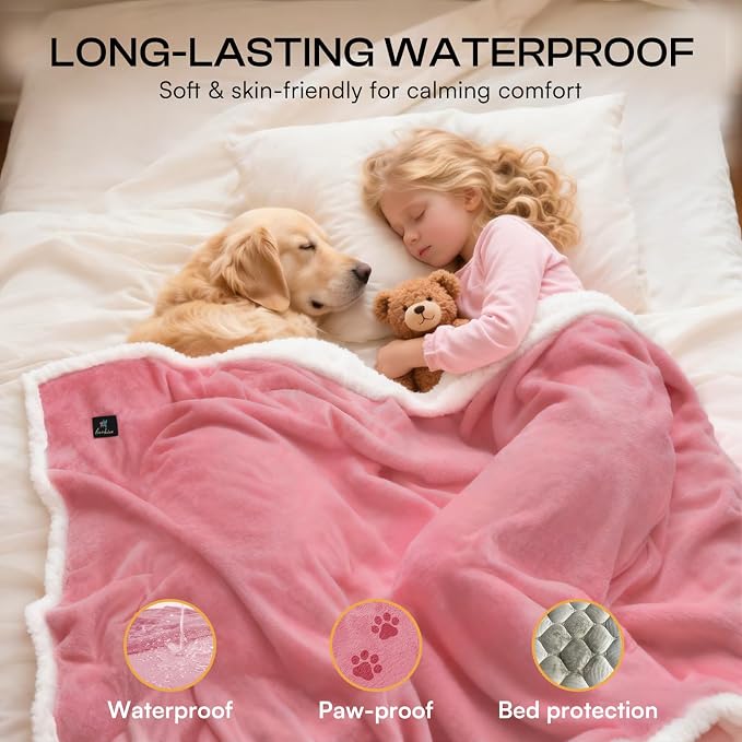 Luciphia Waterproof Bed Blanket Washable,Soft Sherpa Fleece Puppy Reversible Throw Blankets for Medium Large Dog Cat,Furniture Cover Protector Couch from Liquid Pee and Pet Fur,Pink White,85" x 57"