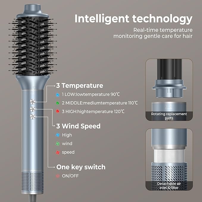 Hair Dryer Brush 5 in 1 Autowrap Hot Air Hair Styler with High-Speed Aluminum Alloy Blow Dryer Brush Volumizing, Straightening & Fast Drying with Negative Ion, No Heat Damage (Blue Silver)