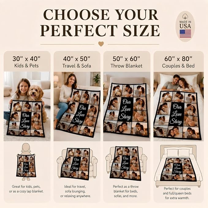 iDIY Custom Blanket with Pictures and Text, Made in USA, Ships Next Day, 10 Photo Collage Personalized Throw, Custom Photo Blanket Gifts for Couples & Family, Anniversary Birthday Valentine's Day