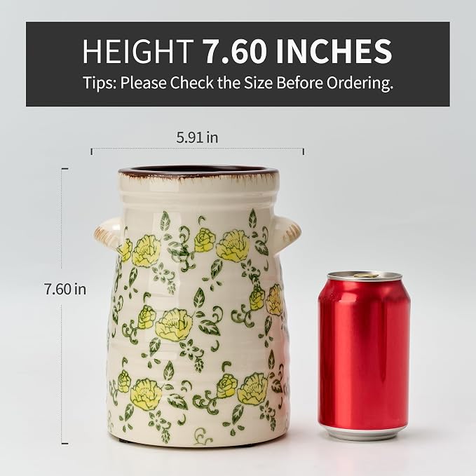 SIDUCAL Ceramic Rustic Vase with 2-Ear, 7.6 Inch Ice Cracked Vintage Pastoral Vase, Rustic Farmhouse Vases for Home Decor, Table, Living Room, Shelf Decor, Chinoiserie Decor, Yellow Rose Pattern
