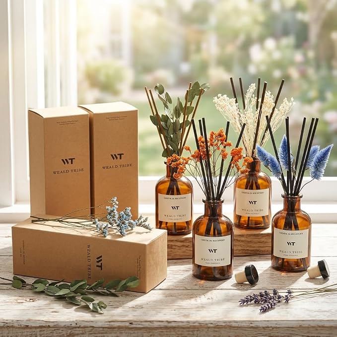 WEALD TRIBE Flower Reed Diffuser Set Eucalyptus & Lavender Scent for Room Bathroom Accessories Shelf Decor & Air Fresheners, Sticks Defusers with 4.0 fl oz Essential Oils, Home Fragrance Office Gift