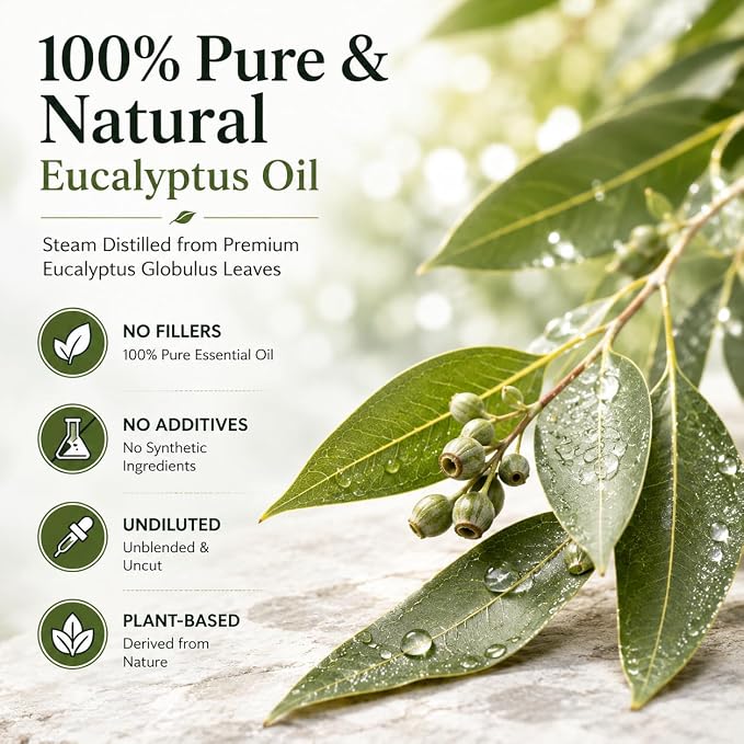 GreenHealth Eucalyptus Essential Oil – 2 Pack (4 fl oz Each) – 100% Pure & Natural – Aromatherapy Oil for Diffuser, Cleaning, and Home Fragrance – Amber Glass Bottle with Glass Dropper