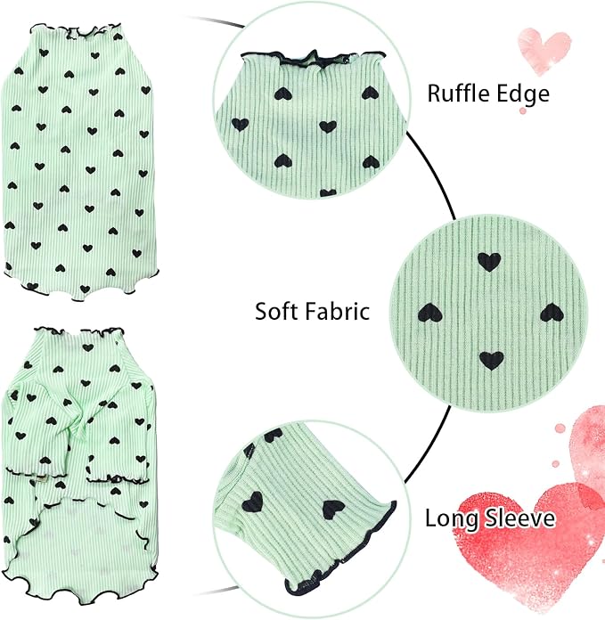 Pet Clothes for Small Dogs Cat Summer Fall Heart Print Shirt Stretchable Ruffle Long Sleeve Outfits for Chihuahua Schnauzer Shih Tzu Yorkie (Green, X-Large)
