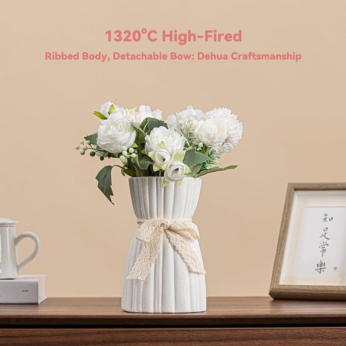 White Ceramic Vase with Lace Bow & Ribbed Texture - 7.7" Unique Flower Vase for Pampas Grass & Centerpieces, Farmhouse/Boho Decorative Vase for Living Room, Office Desk & Gift for Her/Yourself