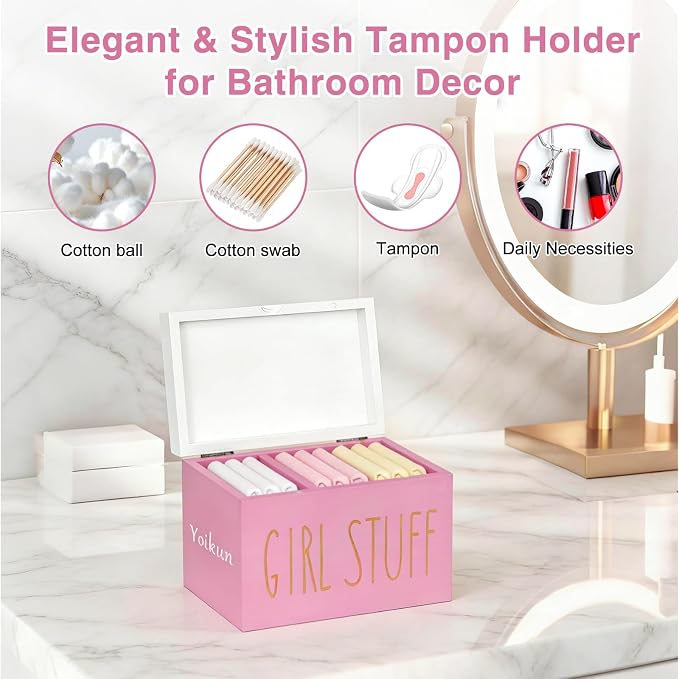 Tampon Holder for Bathroom with Hinged Lid, Modern Farmhouse Feminine Product Organizer, Decorative Storage Box for Pads & Period Essentials, Toilet Tank or Countertop (Pink)