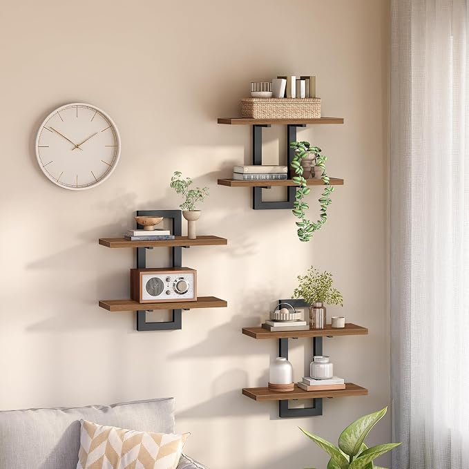 HOOBRO Floating Shelves, 15 Inch Wall Shelf Set of 3, Wall Mounted Storage Shelves 2-Tier, Hanging Bathroom Shelves, for Living Room, Bedroom, Bathroom, Kitchen, Walnut and Black BH32BJP301