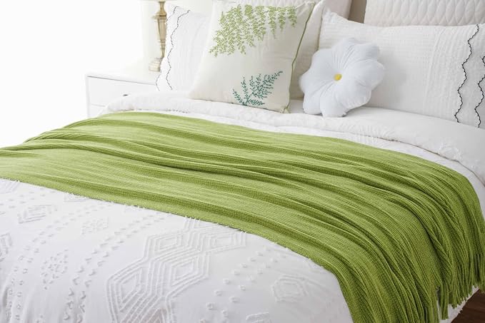 BATTILO HOME Lime Green Throw Blanket for Couch, 50"x60" | Soft Chenille Knit Throw Blanket with Tassels for Home Decor, Spring Green Throws for Couch Cover