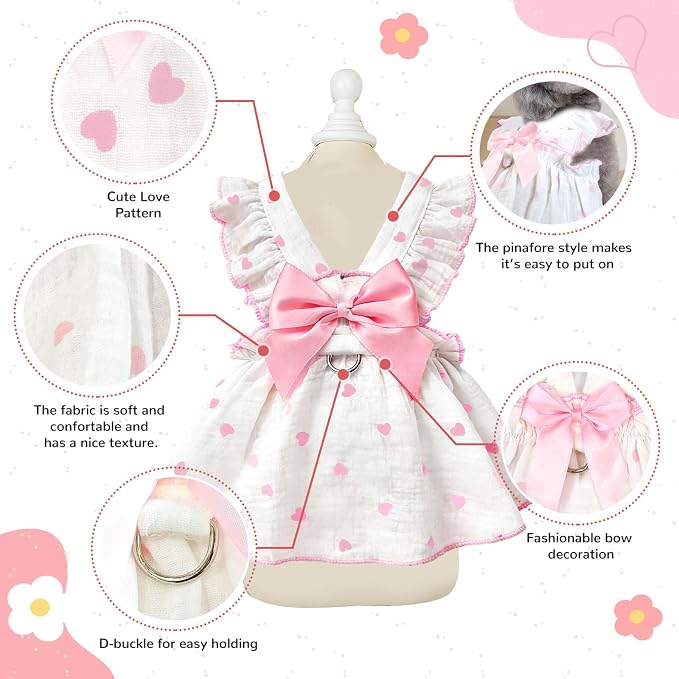 Dog Dresses for Small Dogs Girl Female Dog Cat Clothes Dress Cute Cotton Extra Summer Clothes Bow Decor Printed Love Birthday Outfit Puppy Clothes (Light Pink, X-Small)