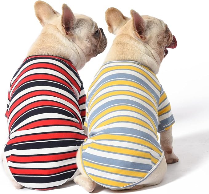 Dog Shirts Cotton Striped T-Shirt, Summer Pet Clothes for Small Dogs, 2-Pack Soft Puppy Apparel Cat Tee, Breathable Stretchy, Red Yellow S