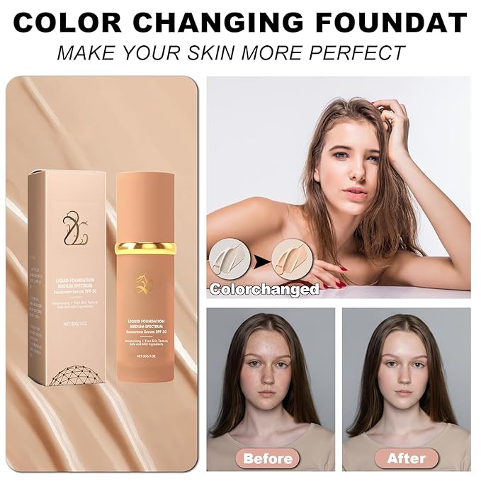 2 Pcs 4-in-1 Color Changing Foundation,Foundation for Mature Skin,Waterproof and Sunproof, Long-Lasting & Hydrating Concealer for Flawless Skin-All Skin Types