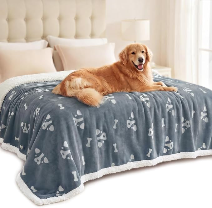 Luciphia Waterproof Dog Blanket Reversible Sherpa Fleece for Large Dogs Cat | Soft Print Pet Blanket Washable Pee Proof, Furniture Protector for Couch Sofa Bed Car, Cozy Throw(85" x 57", Grey)