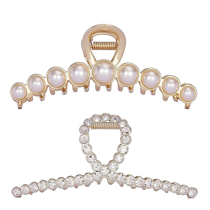 Rhinestone Hair Claw Clips, 4.4 Inch Vintage Metal Imitation Pearl Hair Jaw Clip for Women, Non Slip Hair Clamp Fashion Wedding Party Accessories Elegant Hair Decorations