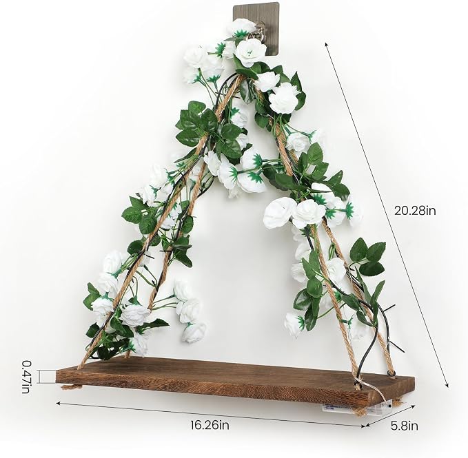 Wall Shelves, Floating Shelves No Drill, Command Shelf, Wall Decor | 2-Pack Hanging Shelves,Renter Friendly Shelves,Trinket Shelf,Room Decor,Comes with Artificial White Rose and LED Strip Lights