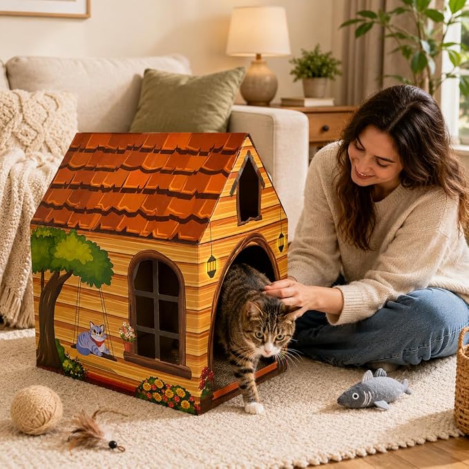 Cinrobiye Cardboard Cat House with Scratcher, Indoor Cat Condo Cat Cave Hideout with Scratch Pad, Cardboard Cat Playhouse Bed for Cats, Kittens, Rabbits & Small Pets (Brown2)
