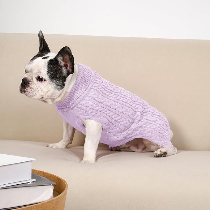 Dog Sweater 2 Pack for Medium Dogs, Size M, Pink & Purple | Stretchy cable knit turtleneck, machine washable, high belly cut, comfy winter fit for French Bulldog, Pug