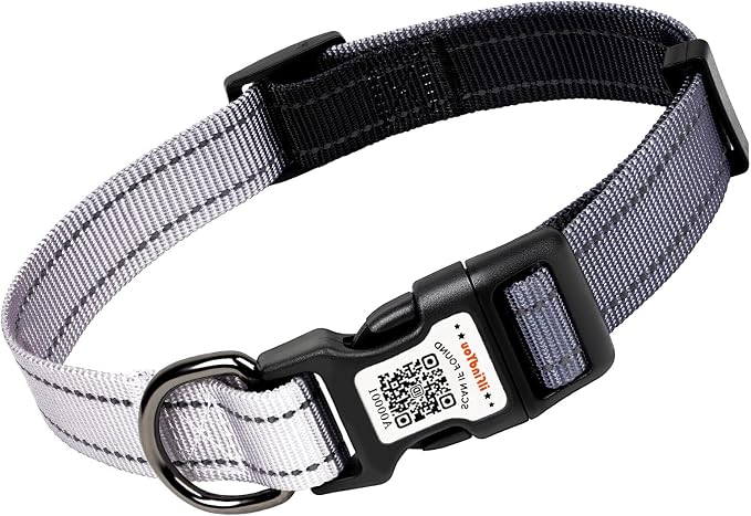 Personalized Dog Collar with QR Code Dog Tag, Black&Gray M | Anti-lost, 1000D nylon, reflective, padded, XS-L(8"-24"), QR buckle shares lost pet profile, location alerts when scanned