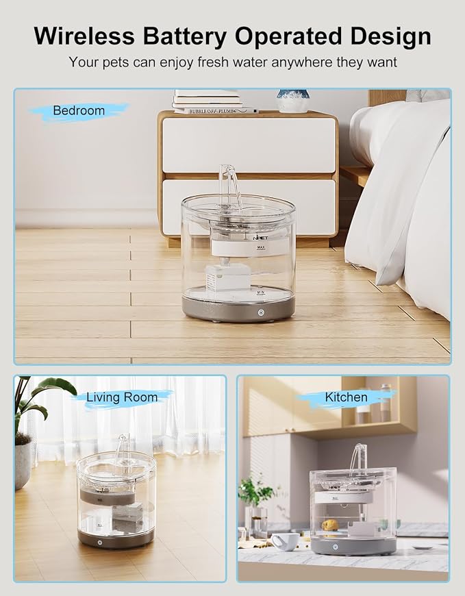 NPET Wireless Cat Fountain, 50oz/1.5L Automatic Pet Water Dispener for Cat Indoor with Dry-Proof Pump, 4000mAh Battery and Motion Sensor