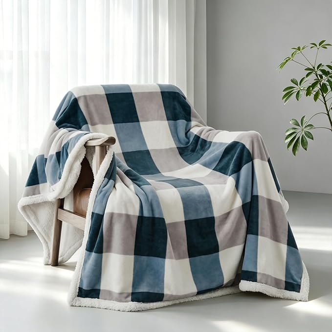 PU MEI Sherpa Fleece Throw Blanket 60" x 80" Reversible Plush Fluffy Large Big Blanket Lattice Flannel Blankets for Sofa Couch Bed (Grey-Soft Blue, 60"*80")