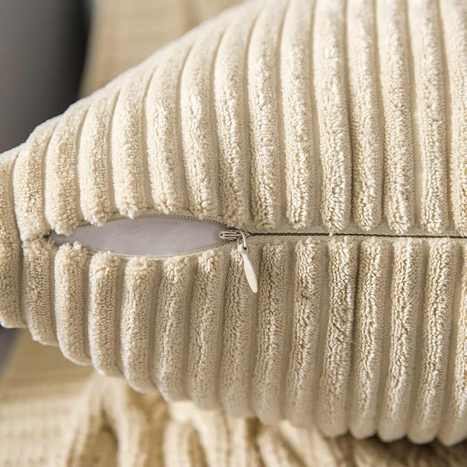 MIULEE Lumbar Soft Corduroy Throw Pillow Covers Set of 2 12x20 Beige | Decorative Striped Textured Cushion Cases, Boho Pillowcases Neutral Home Decor, for Couch Chair Sofa Bed Living Room