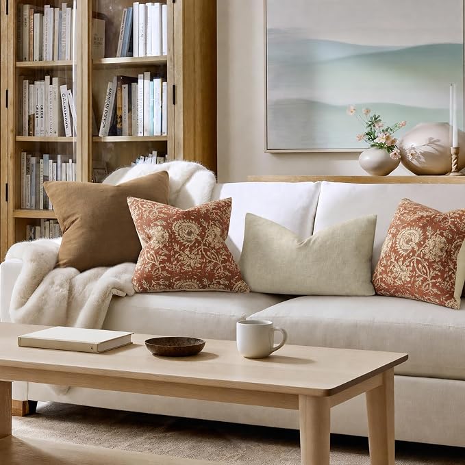 Fall Pillow Covers 18x18 Set of 2 Printed Floral Throw Pillows Farmhouse Pillow Cases Vintage Decorative Cushion Covers Fall Decorations for Couch Sofa Chair Bed Living Room, Rust