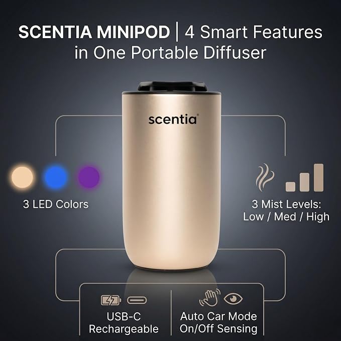 Scentia MiniPod Gold Waterless Diffuser for Essential Oil, Smart Car Air & Home Freshener with 3 Mist Levels & LED Light, Auto On/Off Rechargeable, Portable Scent Air Machine