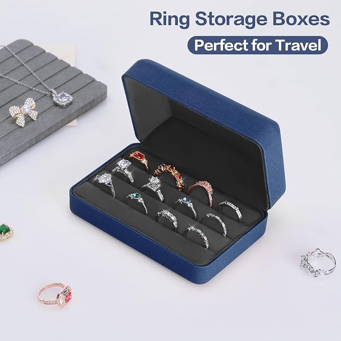 KUKUVR Velet Jewelry Ring Storage Box for Multiple Rings (Blue) | Travel Jewelry Case with 3 Slot Ring Display Organizer
