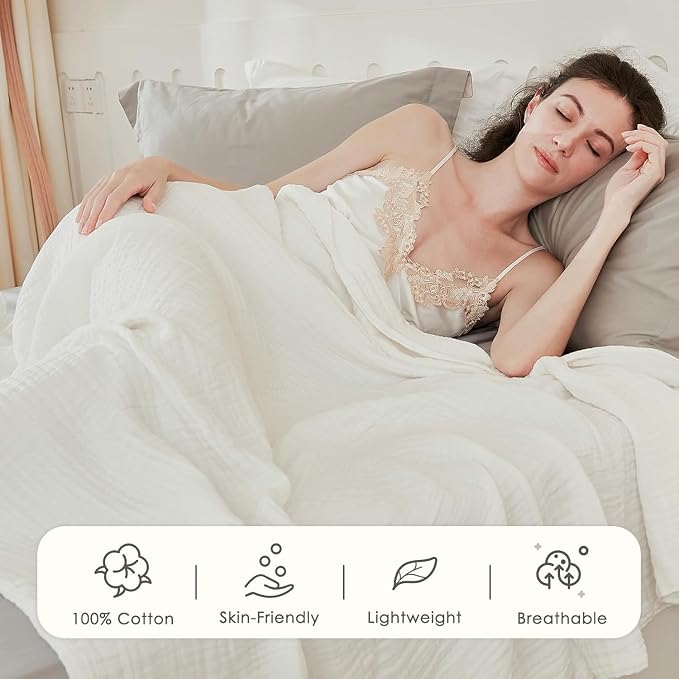 EMME Cotton Muslin Twin XL Blanket Breathable Gauze Soft Lightweight Adults Gifts for Women (White,66"x90")