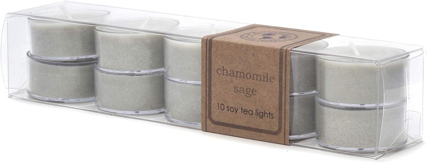 Eco Candle Co. Chamomile Sage Tea Light Candles, 10-Pk, 9 Hr Burn Time | Scents of Sage & Chamomile - Recyclable, No Lead, Hand Poured, Phthalate Free, Made from Midwest Grown Soybeans, .6 oz. Each
