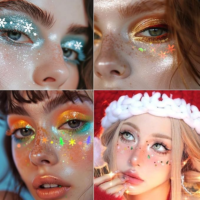 Christmas Body Glitter Gel SUPGIFT 4 Colors 8.5oz Holographic Chunky Mermaid Iridescent Laser Liquid Star Flower Leaf Sequins for Makeup Face Eyeshadow Hair with Spoon