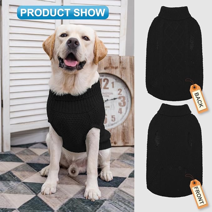 Mihachi Turtleneck Dog Sweater - Winter Coat Apparel Classic Cable Knit Clothes with Leash Hole for Cold Weather, Ideal Gift for Pet in New Year Black Medium/Large