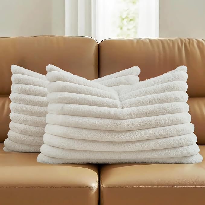 FUTEI Pack of 2 Faux Fur Throw Pillow Covers 12x20 Inch, Cream White | Fluffy Faux Rabbit Fur Front/Premium Velvet Back,Hidden Zipper,Machine Washable,Non-Shedding,Colorfast,Insert Not Included.