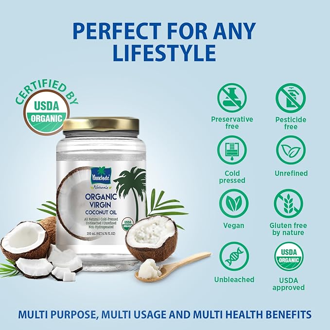Parachute Naturalz Organic Virgin Coconut Oil | For Cooking, Hair, Body & Oil Pulling | Cold Pressed | Unbleached | Unrefined | Non-Hydrogenated | MCT Oil | USDA Certified |16 Fl.Oz | Glass Jar