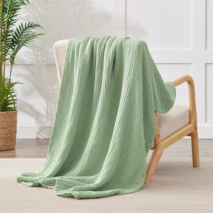 100% Cotton Muslin Blanket Twin XL 66" x 90", 6 Layers Cooling and Soft Twin Blankets for Bed, Lightweight Boho Coverlet Bedspread, Gauze Bedding for All Season, Sage Green