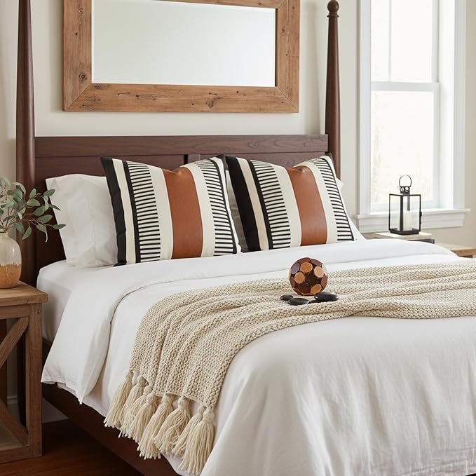 24x24 Boho Striped Pillow Cover with Faux Leather Accent, Black, 2 PC | Geometric printed cotton, vintage brown accent, black white reversible cushion case, farmhouse tribal floor sofa couch decor.