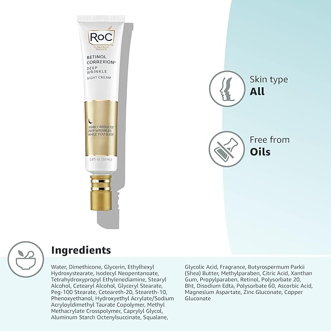 RoC Retinol Correxion Night Cream for Deep Wrinkles, Anti Aging Skincare Treatment Women and Men, 1.0 oz (Packaging May Vary)