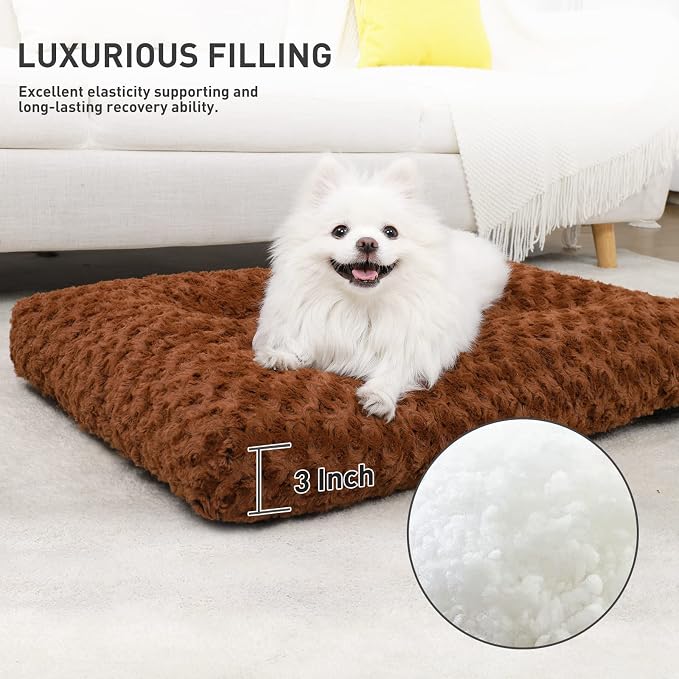 KSIIA Washable Dog Bed Medium Size Dog Crate Bed Pet Mat 29"x21" Brown | Deluxe Plush Comfy Kennel Pad, Anti-Slip Bottom,Deep Sleeping Mat for Medium Dogs,Machine Washable for Easy Cleaning