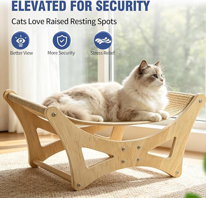 Cat Hammock Bed for Large Cats, Elevated Wooden Bed with Natural Sisal Scratching Mat, Cozy Lounge with Soft Cushion, Supports Up to 40 LBS, Modern Indoor Furniture