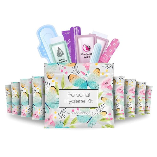 Menstrual Kit All-in-One | Convenience on The Go | Single Period Kit Pack for Travelling, Tweens & Teenagers | Individually Wrapped Feminine Hygiene Products (Butterflies) (10 Pack)