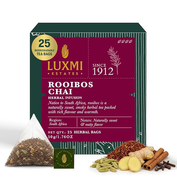 Luxmi Estates Rooibos Chai Herbal Tea, 25 Biodegradable Pyramid Tea Bags (50g, 1.76oz) | South African Rooibos with Indian Chai Spices - Cardamom, Cinnamon, Ginger & Cloves | Caffeine-Free Chai Alternative, Vegan