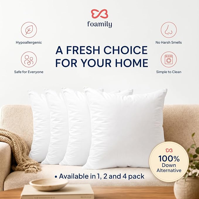 Foamily 24x24 Throw Pillow Insert, White Pillows for Couch, Sofa & Bed | Soft down-alternative fill, hypoallergenic, holds its shape. Fits 24x24 covers. Couch, sofa, bed, nursery decor.