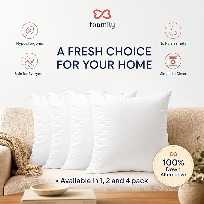 Foamily 20x20 Throw Pillow Insert, White Pillows for Couch, Sofa & Bed | Soft down-alternative fill, hypoallergenic, holds its shape. Fits 20x20 covers. Couch, sofa, bed, nursery decor.