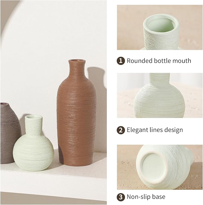 Ceramic Vases Set of 3 Modern Rustic Farmhouse Home Decor | Pottery Decorative Flower Vases for Pampas Grass Dried Fresh Flowers, Living Room, Table Centerpiece, Shelf, Mantel